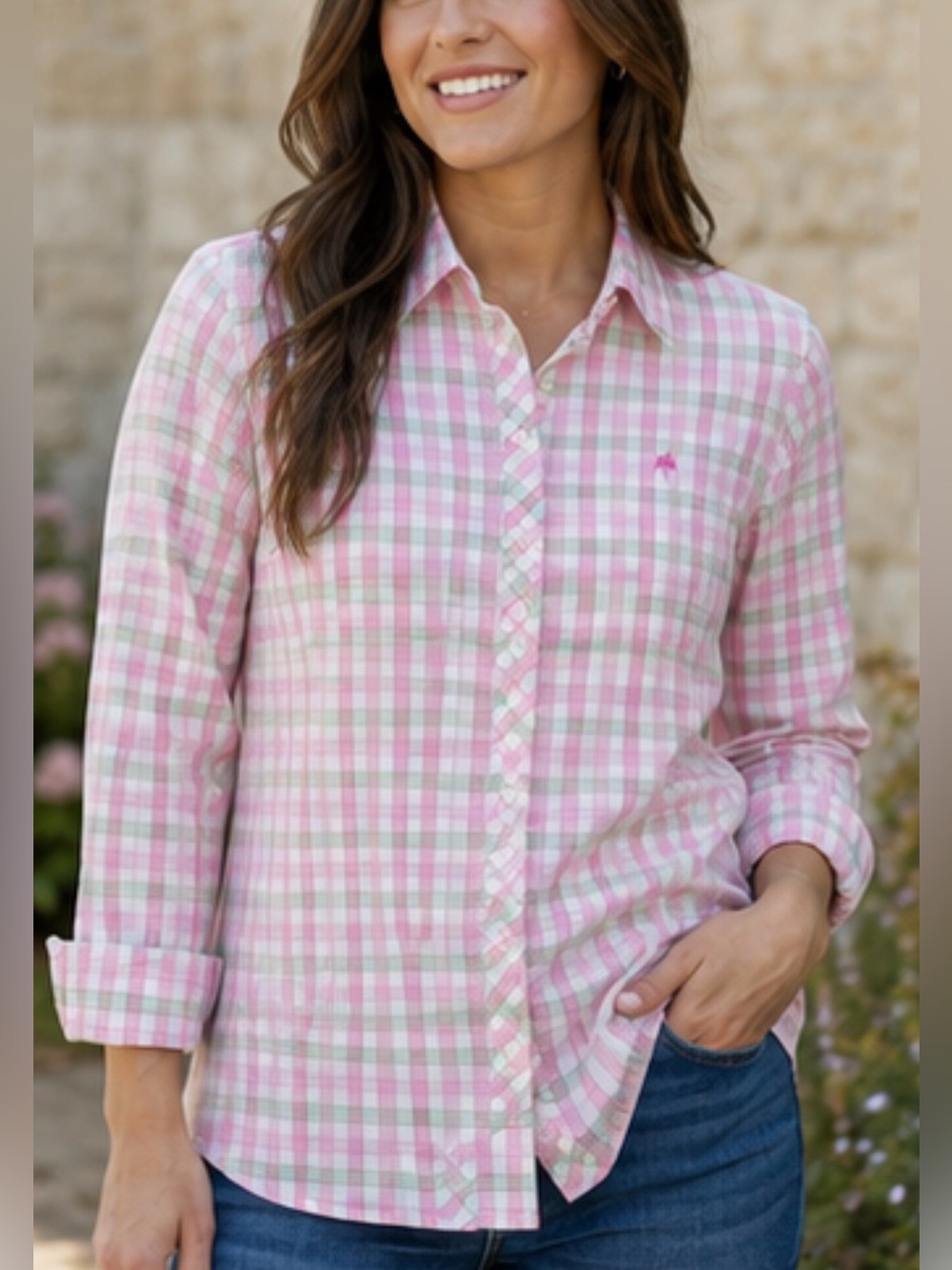 LILLY PULITZER Vintage Pink & Green Plaid Button-Down Collared Shirt Size 12